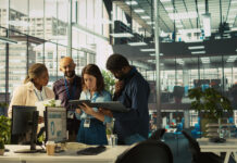 Colegas de trabalho analisando novas tecnologias